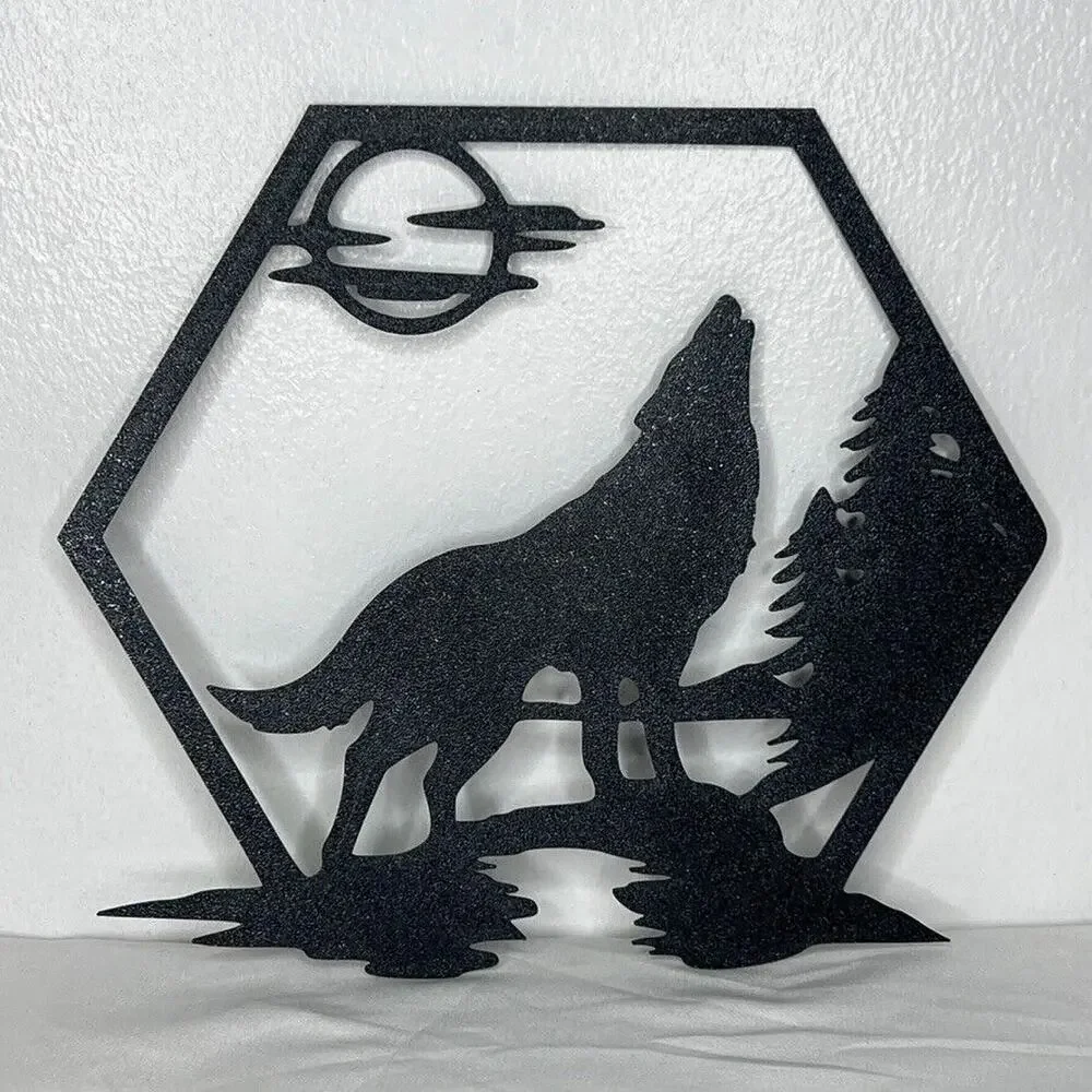Set 4 Plastic Wall Art Decor Rustic Wildlife Hexagon Silhouettes Bear Wolf Elk